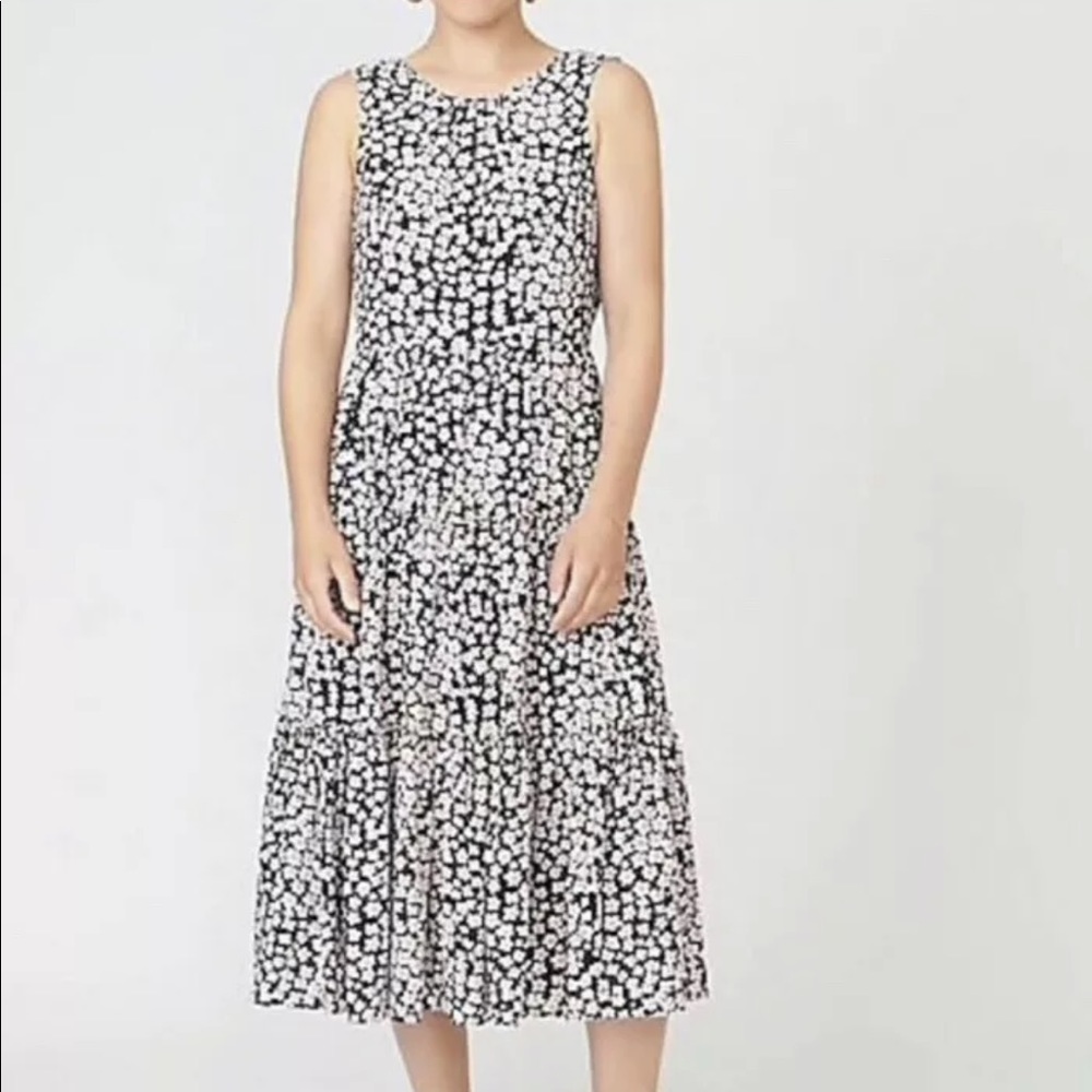 J Crew Black White Pink Floral Tiered Midi Dress Size Medium Tall